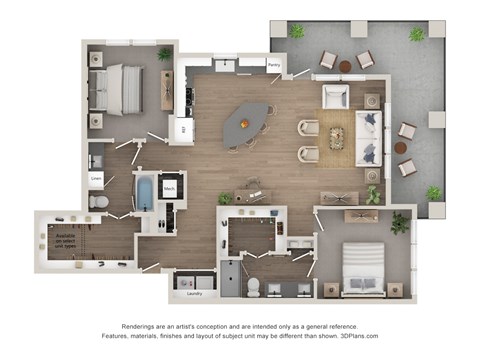 A floor plan of a house with a kitchen, living room, and bathrooms.